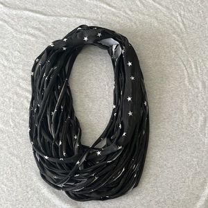 Up-cycled fair trade fabric shreds scarf metallic black with white stars